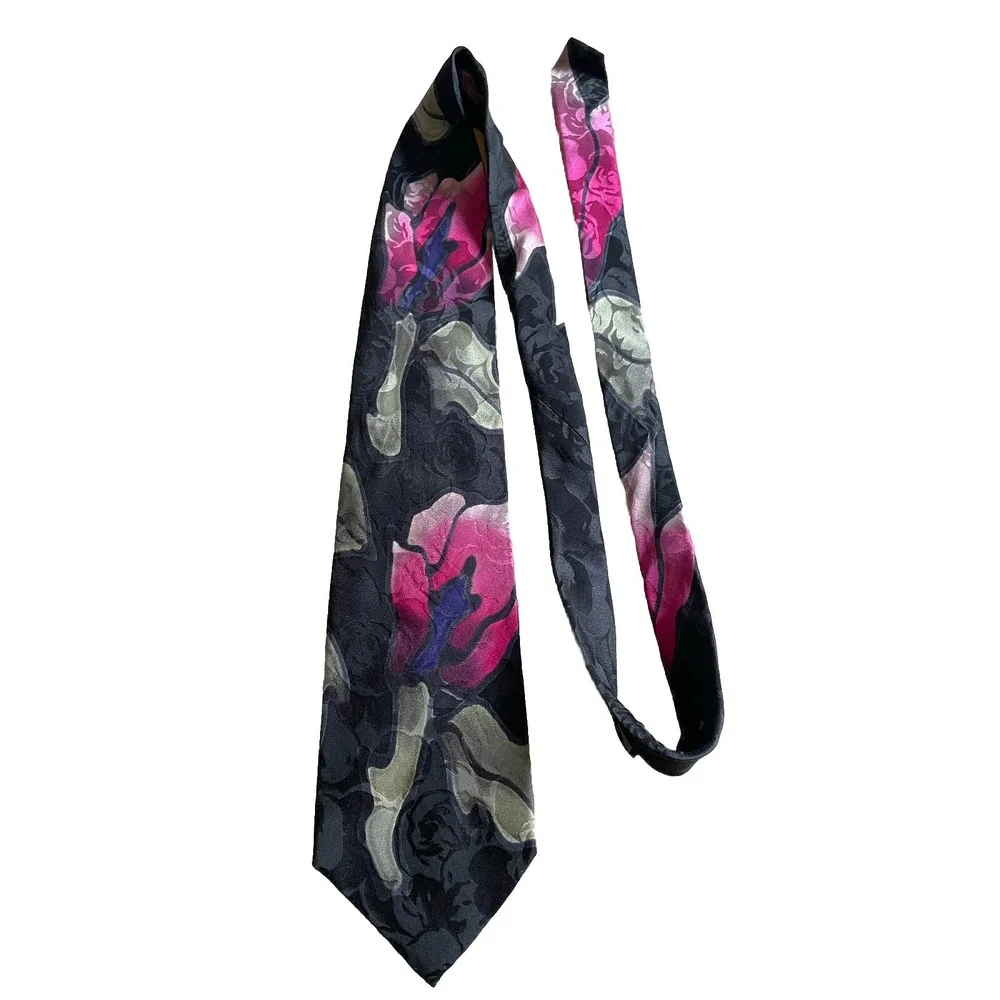 ZABEL Aoko Floral Abstract Art Tie 100%‎ Silk Hand Sewn USA Black Pink
